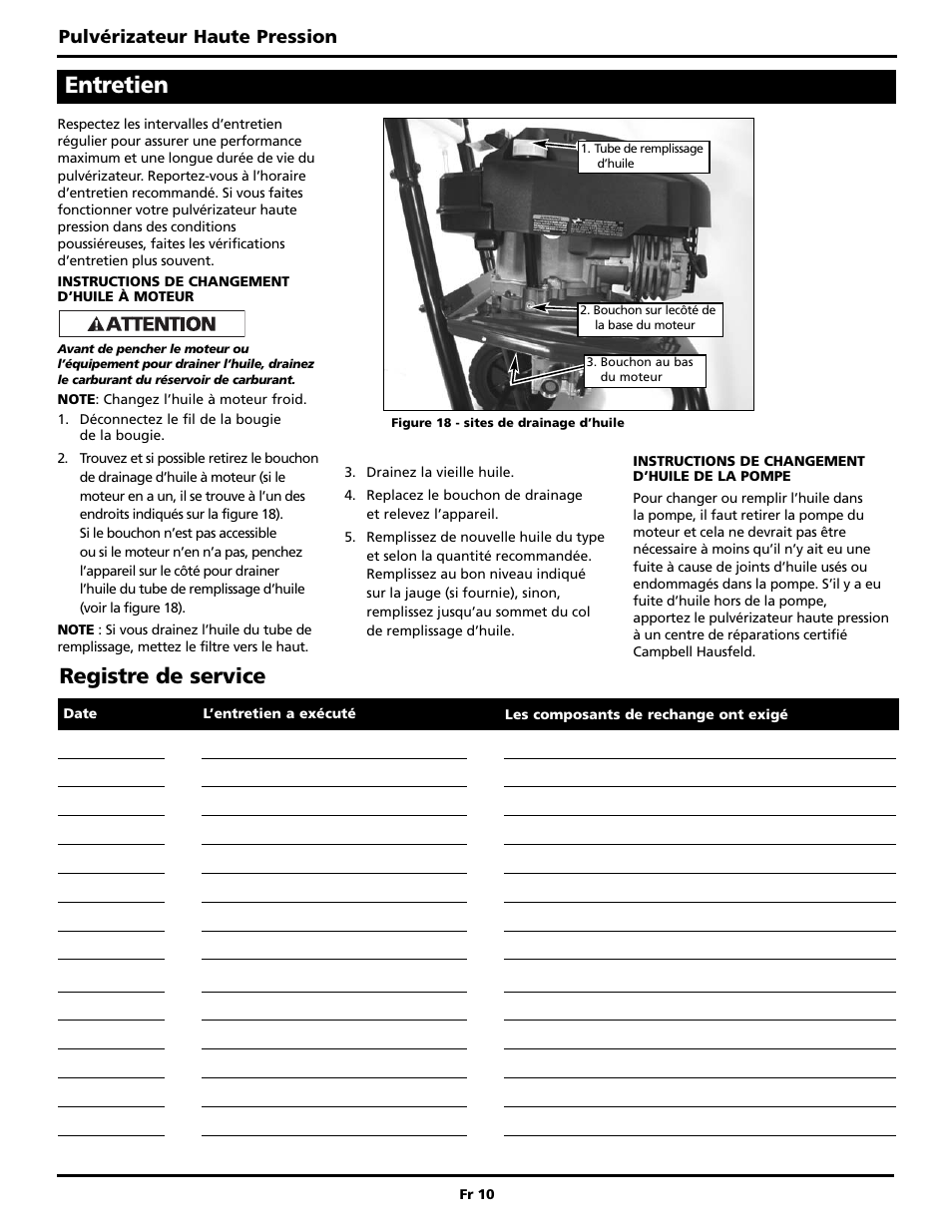 Entretien, Registre de service, Pulvérizateur haute pression | Campbell Hausfeld BUILT TO LAST PW3002 User Manual | Page 26 / 48