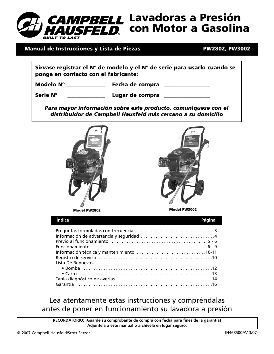 Lavadoras a presión con motor a gasolina | Campbell Hausfeld BUILT TO LAST PW3002 User Manual | Page 33 / 48