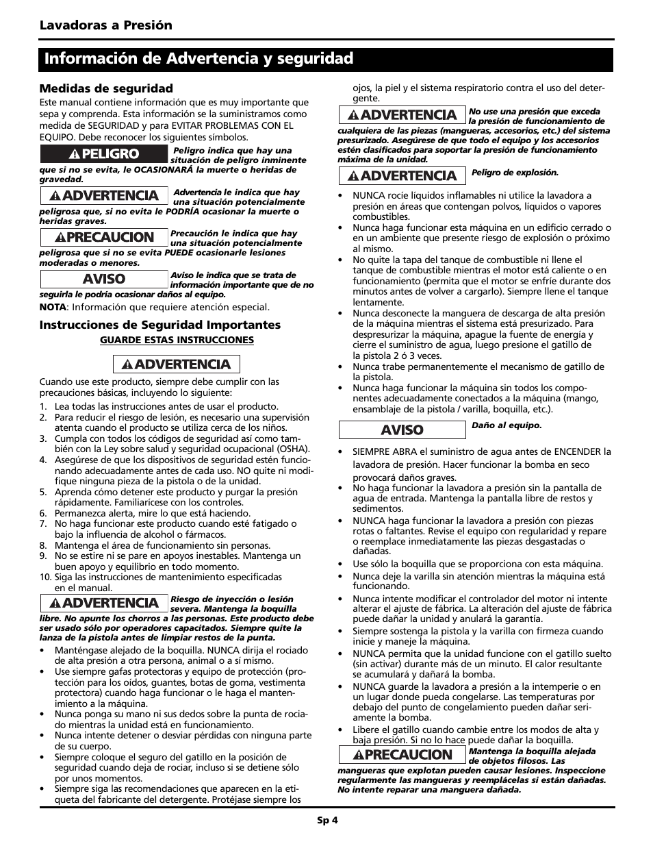 Información de advertencia y seguridad, Lavadoras a presión | Campbell Hausfeld BUILT TO LAST PW3002 User Manual | Page 36 / 48