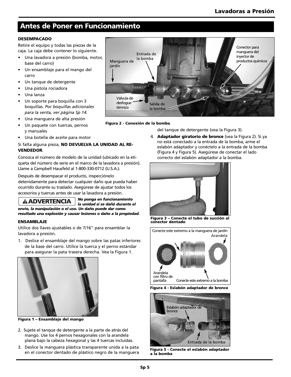 Antes de poner en funcionamiento, Lavadoras a presión | Campbell Hausfeld BUILT TO LAST PW3002 User Manual | Page 37 / 48