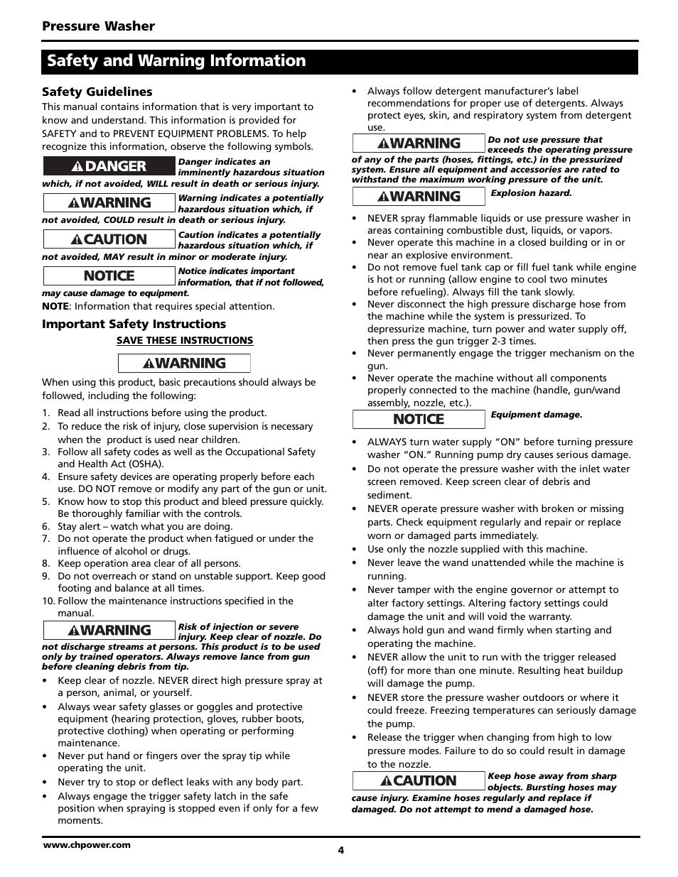 Safety and warning information, Pressure washer | Campbell Hausfeld BUILT TO LAST PW3002 User Manual | Page 4 / 48