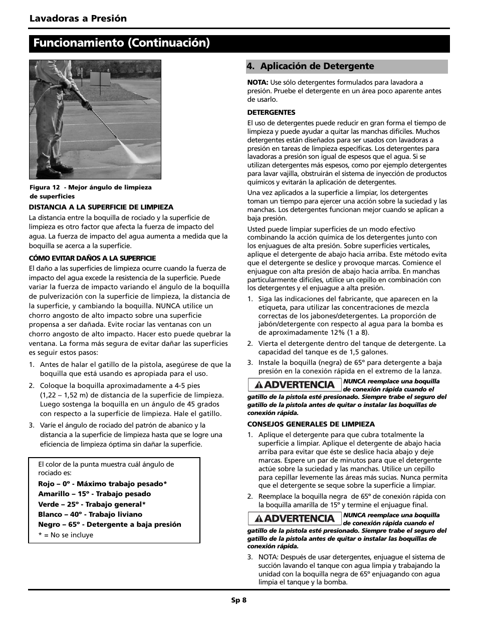 Funcionamiento (continuación), Lavadoras a presión, Aplicación de detergente | Campbell Hausfeld BUILT TO LAST PW3002 User Manual | Page 40 / 48