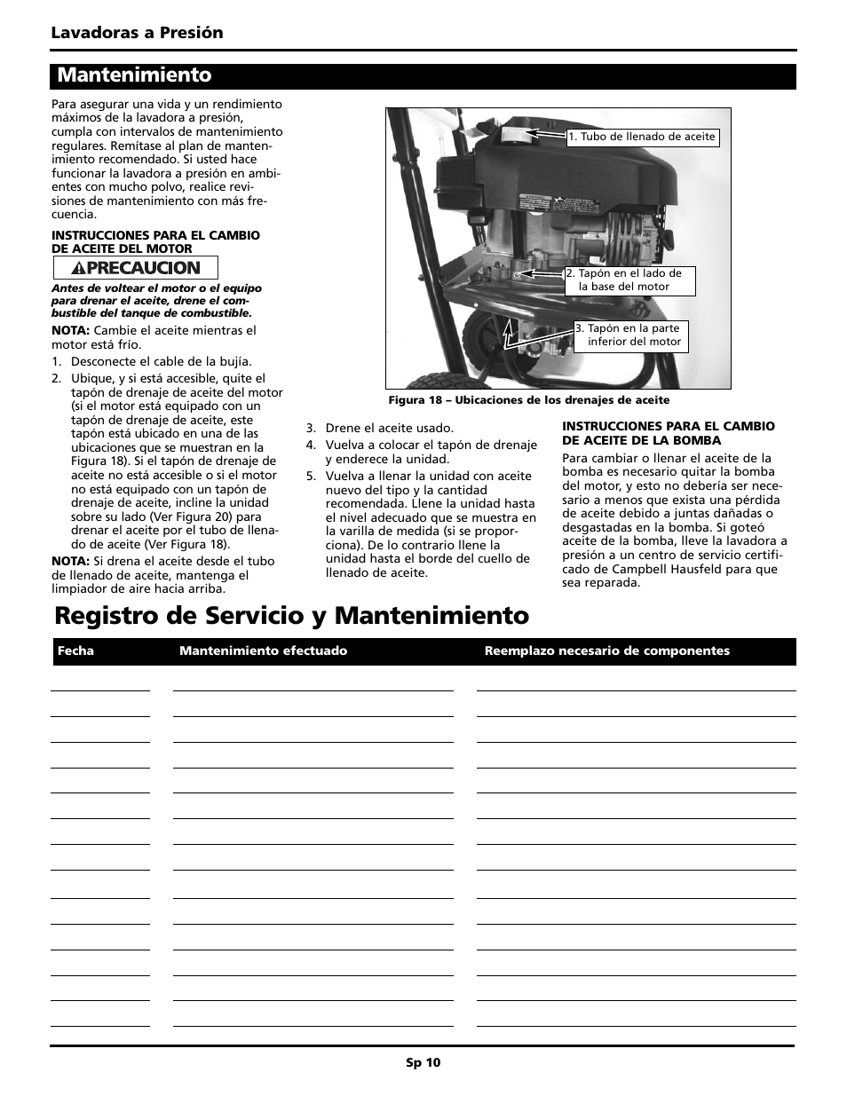 Registro de servicio y mantenimiento, Mantenimiento, Lavadoras a presión | Campbell Hausfeld BUILT TO LAST PW3002 User Manual | Page 42 / 48