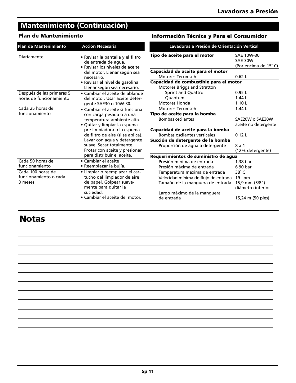 Notas, Mantenimiento (continuación), Lavadoras a presión | Campbell Hausfeld BUILT TO LAST PW3002 User Manual | Page 43 / 48