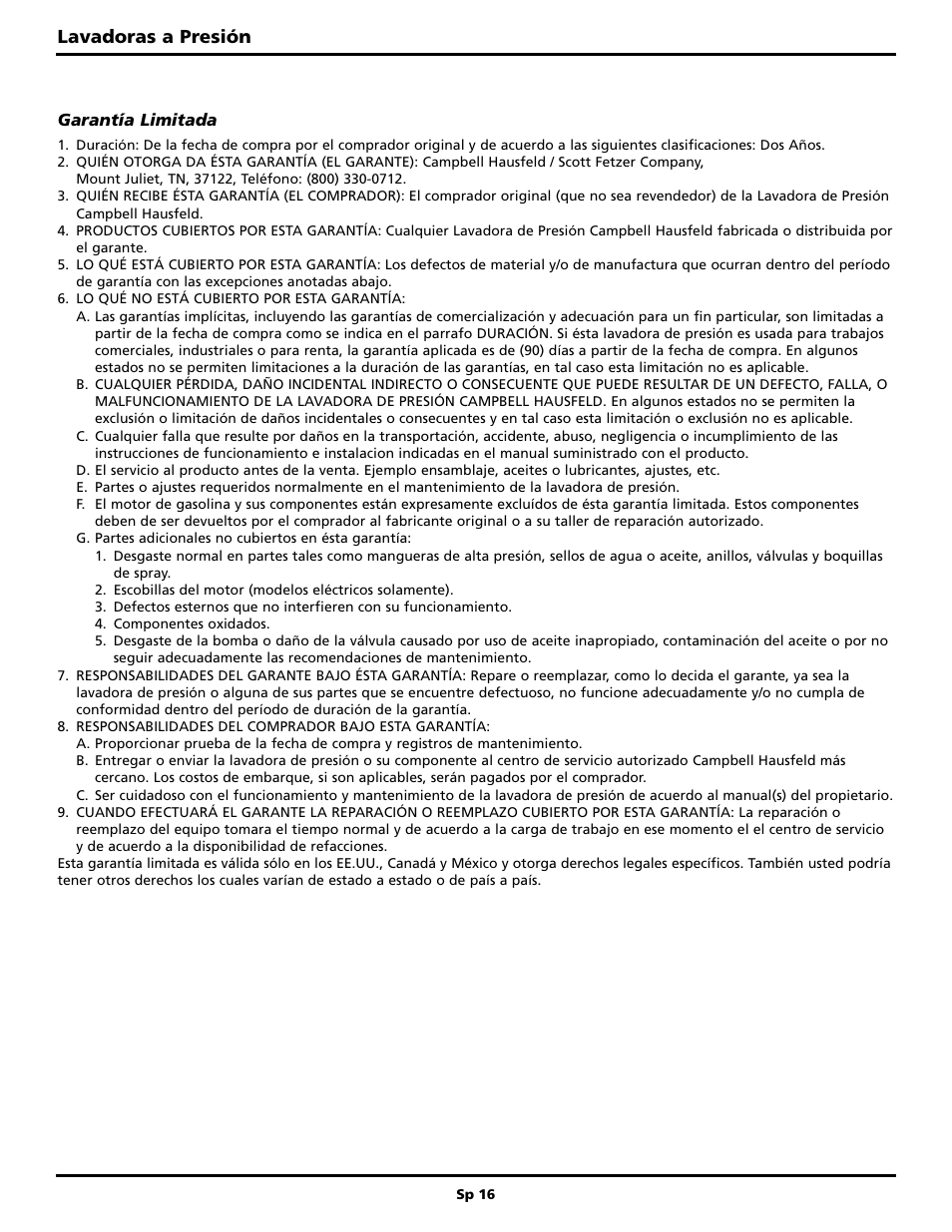 Lavadoras a presión | Campbell Hausfeld BUILT TO LAST PW3002 User Manual | Page 48 / 48