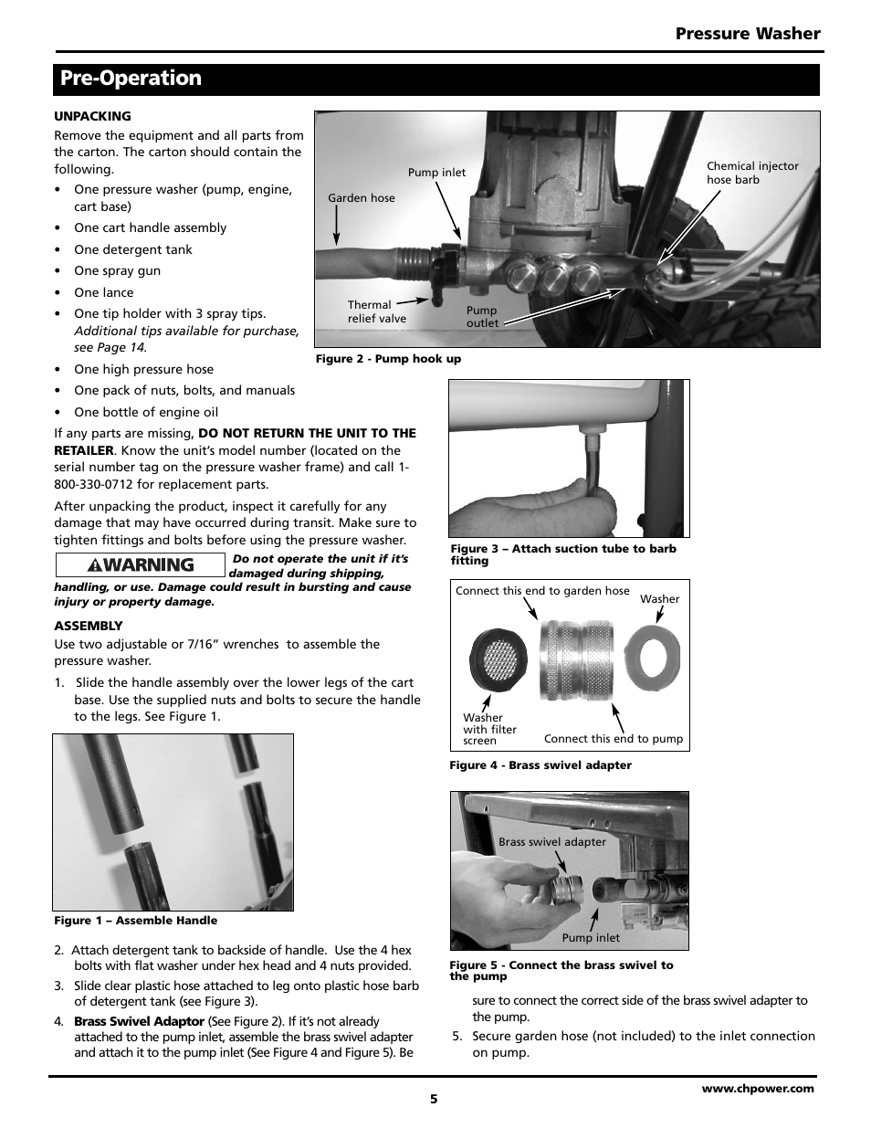 Pre-operation, Pressure washer | Campbell Hausfeld BUILT TO LAST PW3002 User Manual | Page 5 / 48