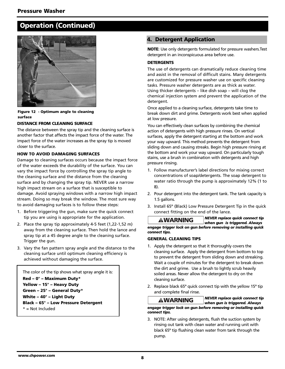 Operation (continued), Pressure washer, Detergent application | Campbell Hausfeld BUILT TO LAST PW3002 User Manual | Page 8 / 48