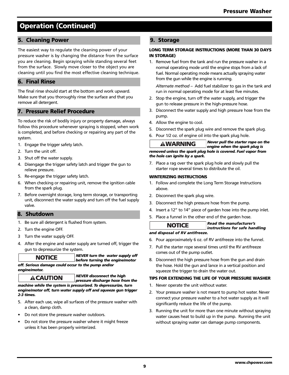 Operation (continued), Pressure washer | Campbell Hausfeld BUILT TO LAST PW3002 User Manual | Page 9 / 48