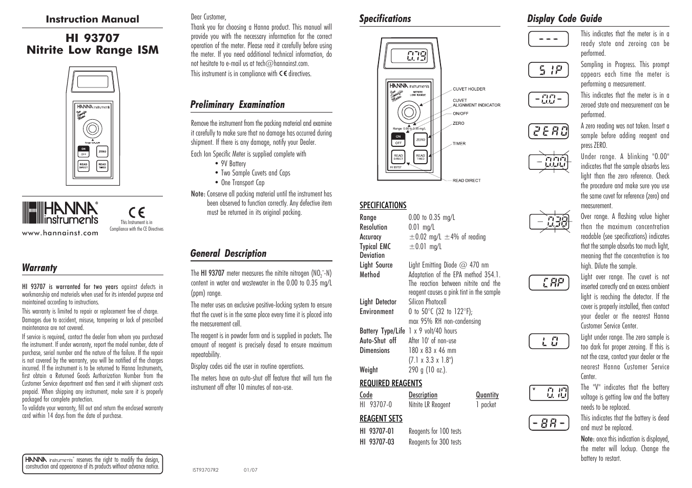 Hanna Instruments HI 93707 User Manual | 2 pages