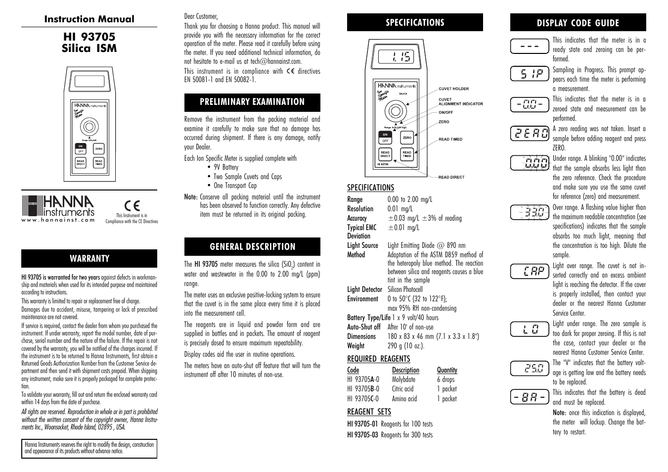 Hanna Instruments HI 93705 User Manual | 2 pages