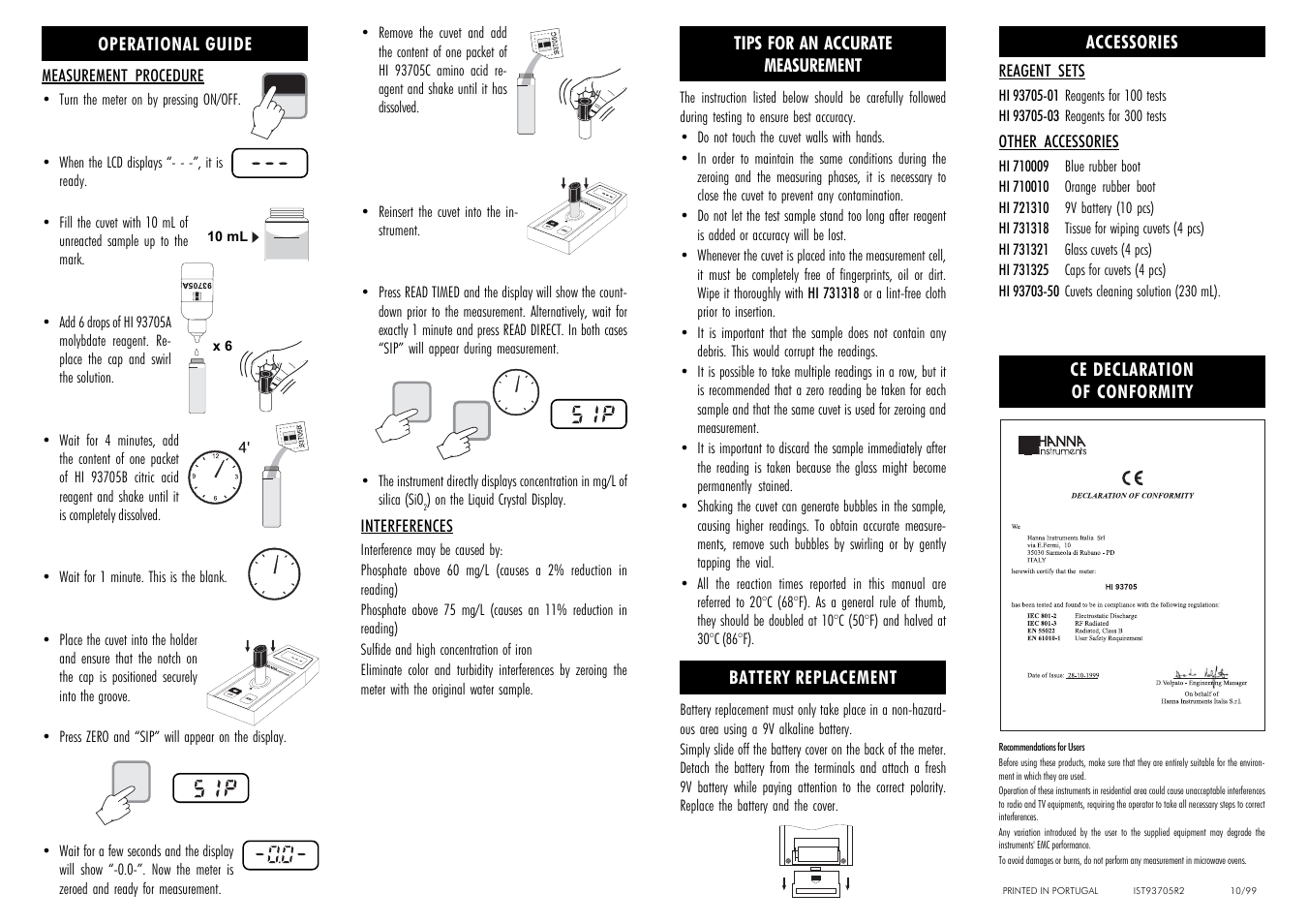 Operational guide, Accessories, Ce declaration of conformity | Hanna Instruments HI 93705 User Manual | Page 2 / 2
