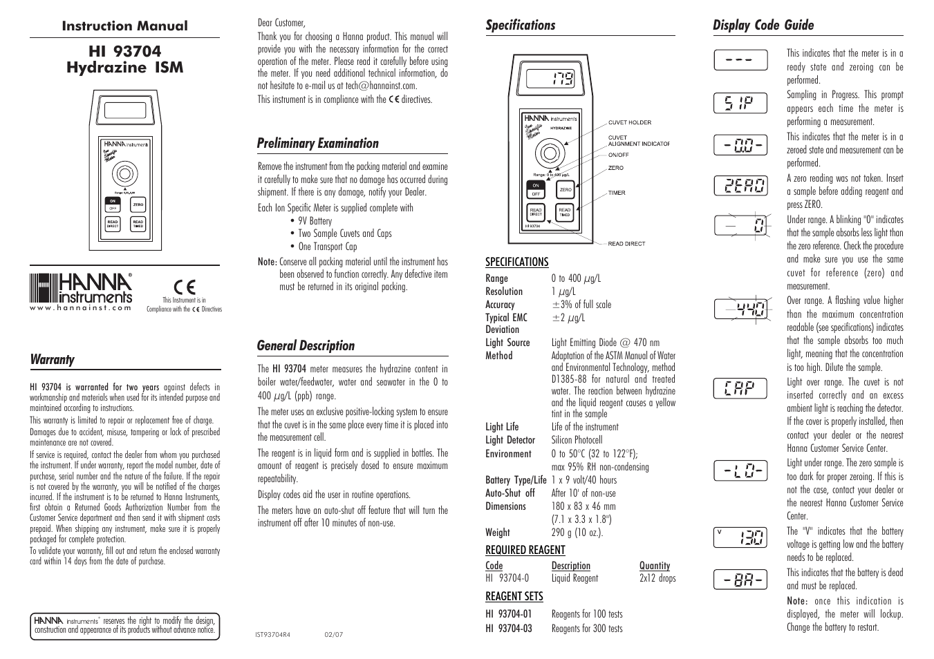 Hanna Instruments HI 93704 User Manual | 2 pages