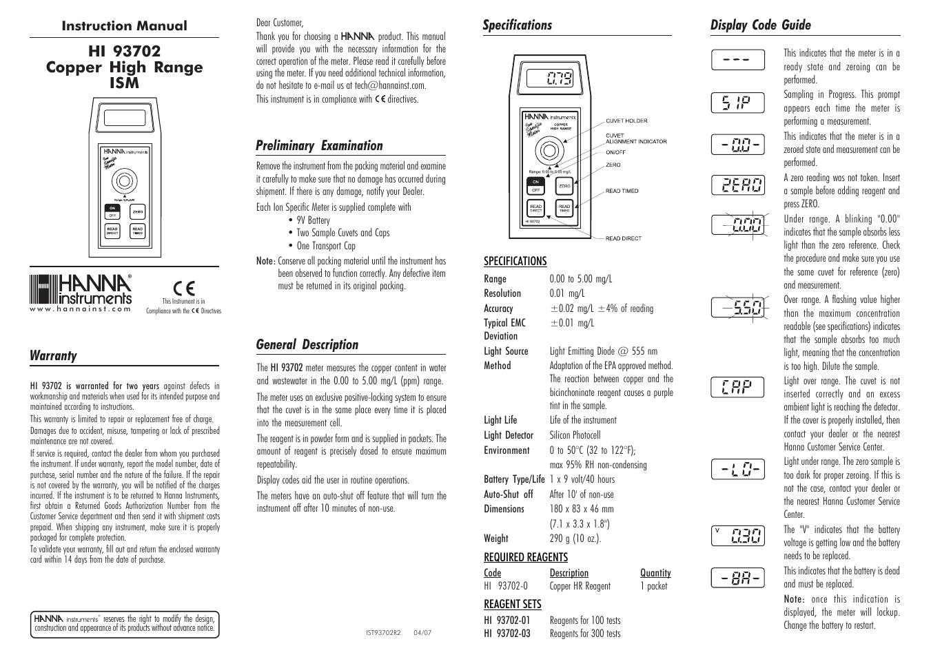 Hanna Instruments HI 93702 User Manual | 2 pages