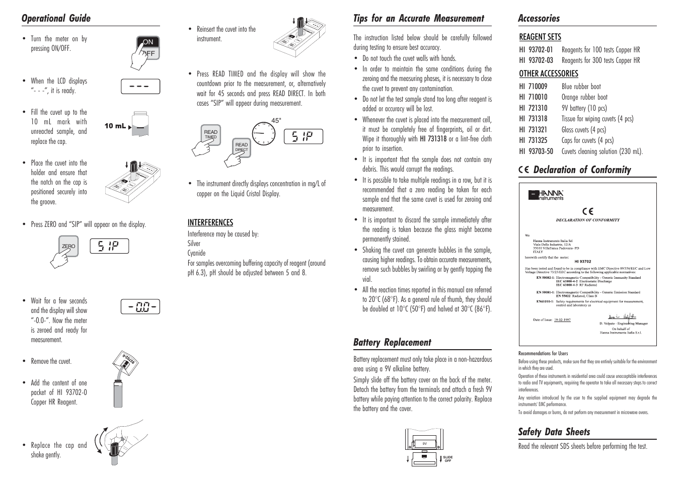 Declaration of conformity, Safety data sheets accessories, Battery replacement | Tips for an accurate measurement operational guide | Hanna Instruments HI 93702 User Manual | Page 2 / 2