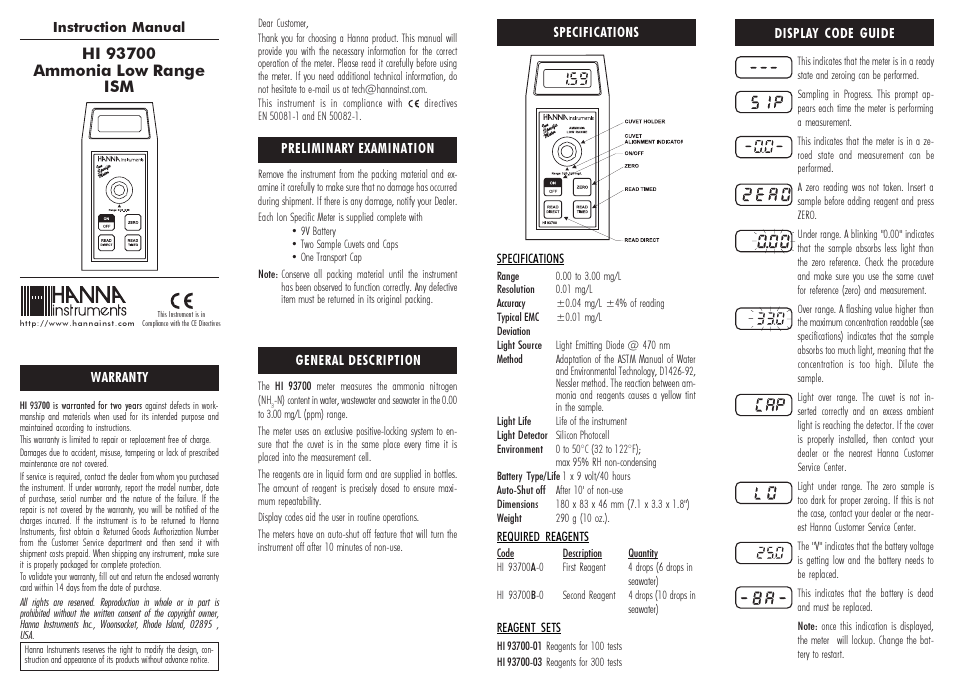 Hanna Instruments HI 93700 User Manual | 2 pages