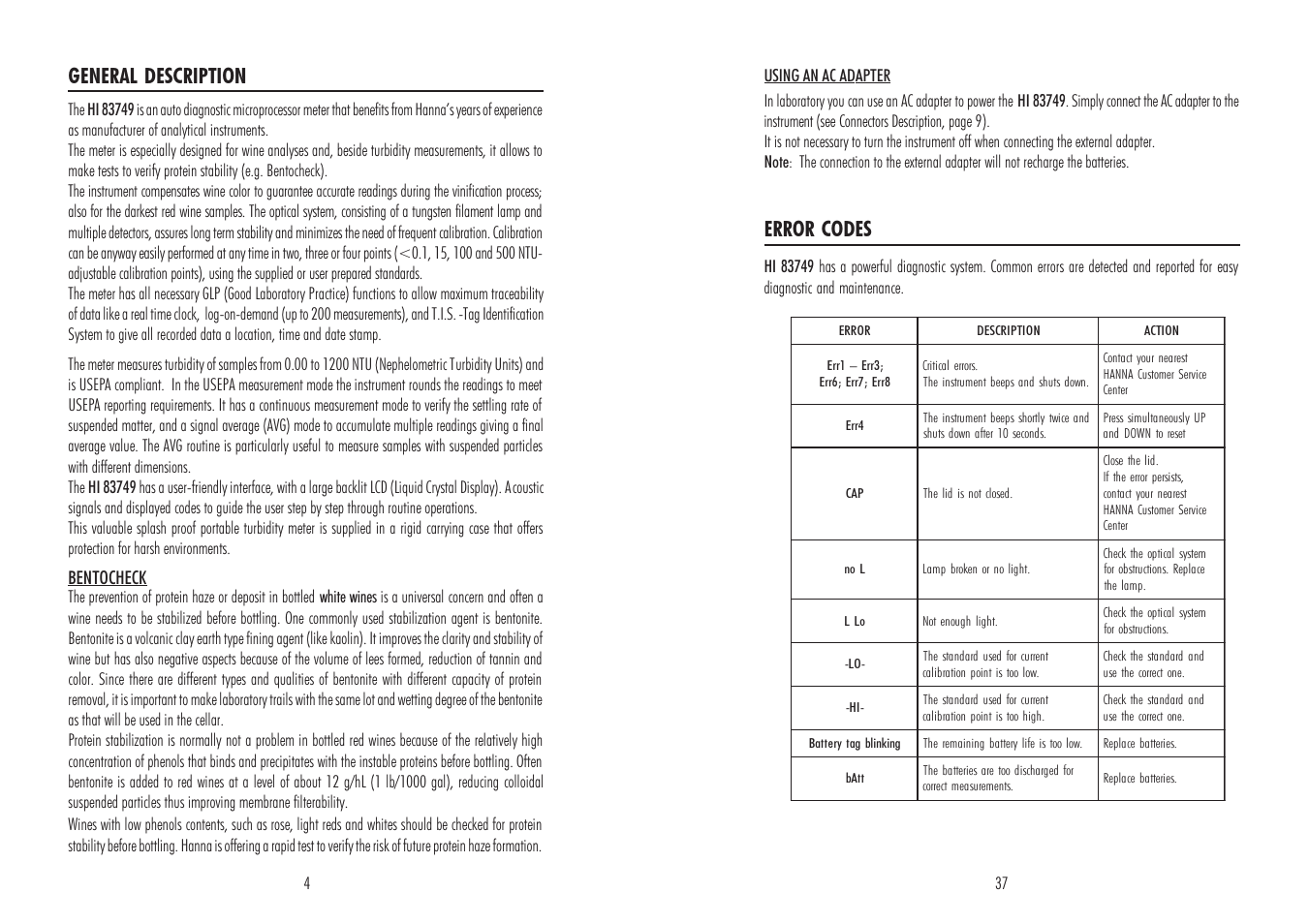 General description, Error codes, Bentocheck | Hanna Instruments HI 83749 User Manual | Page 4 / 20