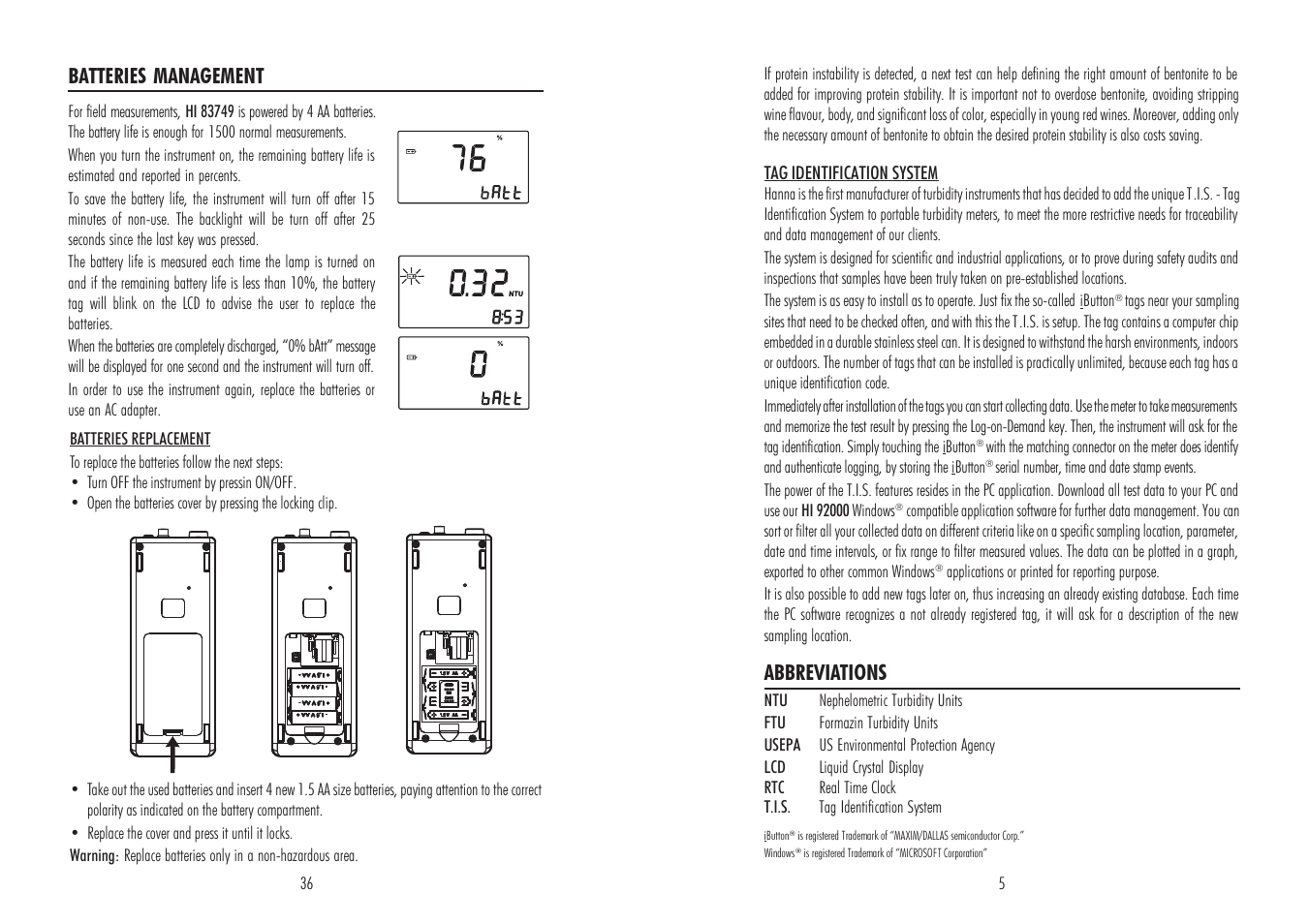 Abbreviations, Batteries management | Hanna Instruments HI 83749 User Manual | Page 5 / 20