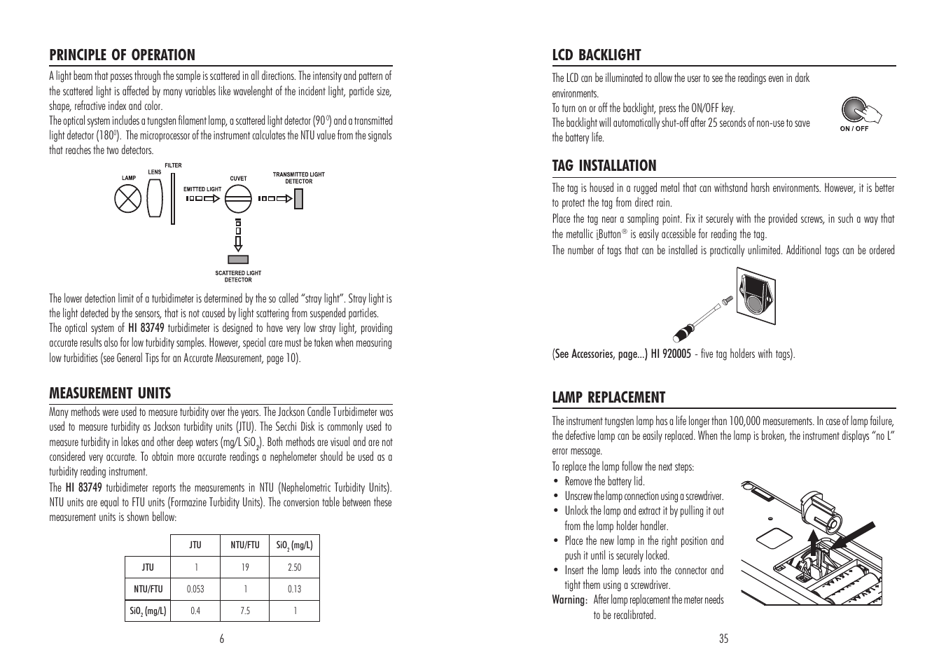 Measurement units, Principle of operation, Lcd backlight tag installation | Lamp replacement | Hanna Instruments HI 83749 User Manual | Page 6 / 20