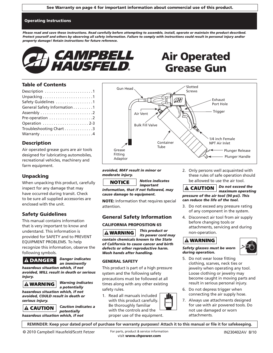Campbell Hausfeld TL103700AV User Manual | 12 pages