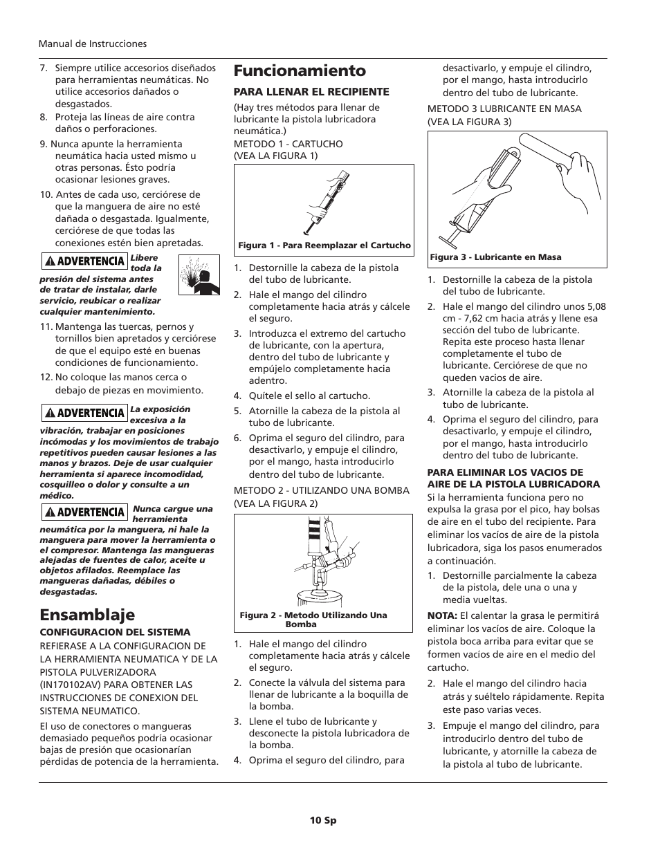 Ensamblaje, Funcionamiento | Campbell Hausfeld TL103700AV User Manual | Page 10 / 12