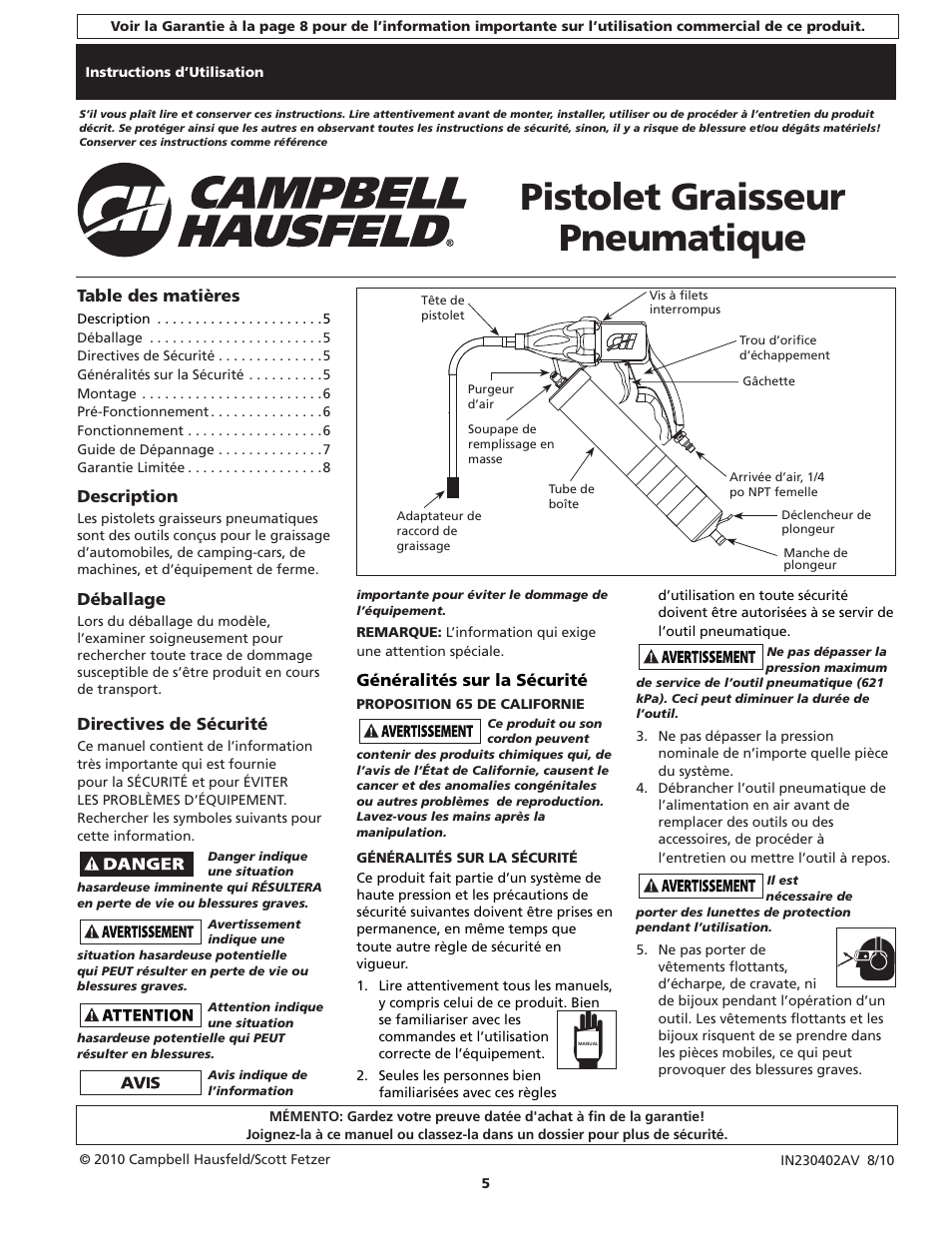 Pistolet graisseur pneumatique | Campbell Hausfeld TL103700AV User Manual | Page 5 / 12
