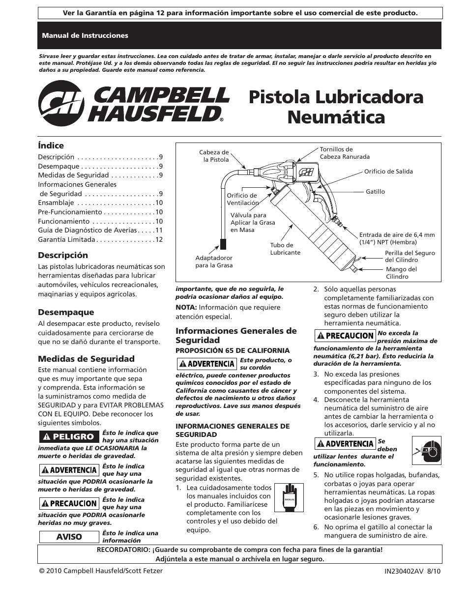 Pistola lubricadora neumática | Campbell Hausfeld TL103700AV User Manual | Page 9 / 12