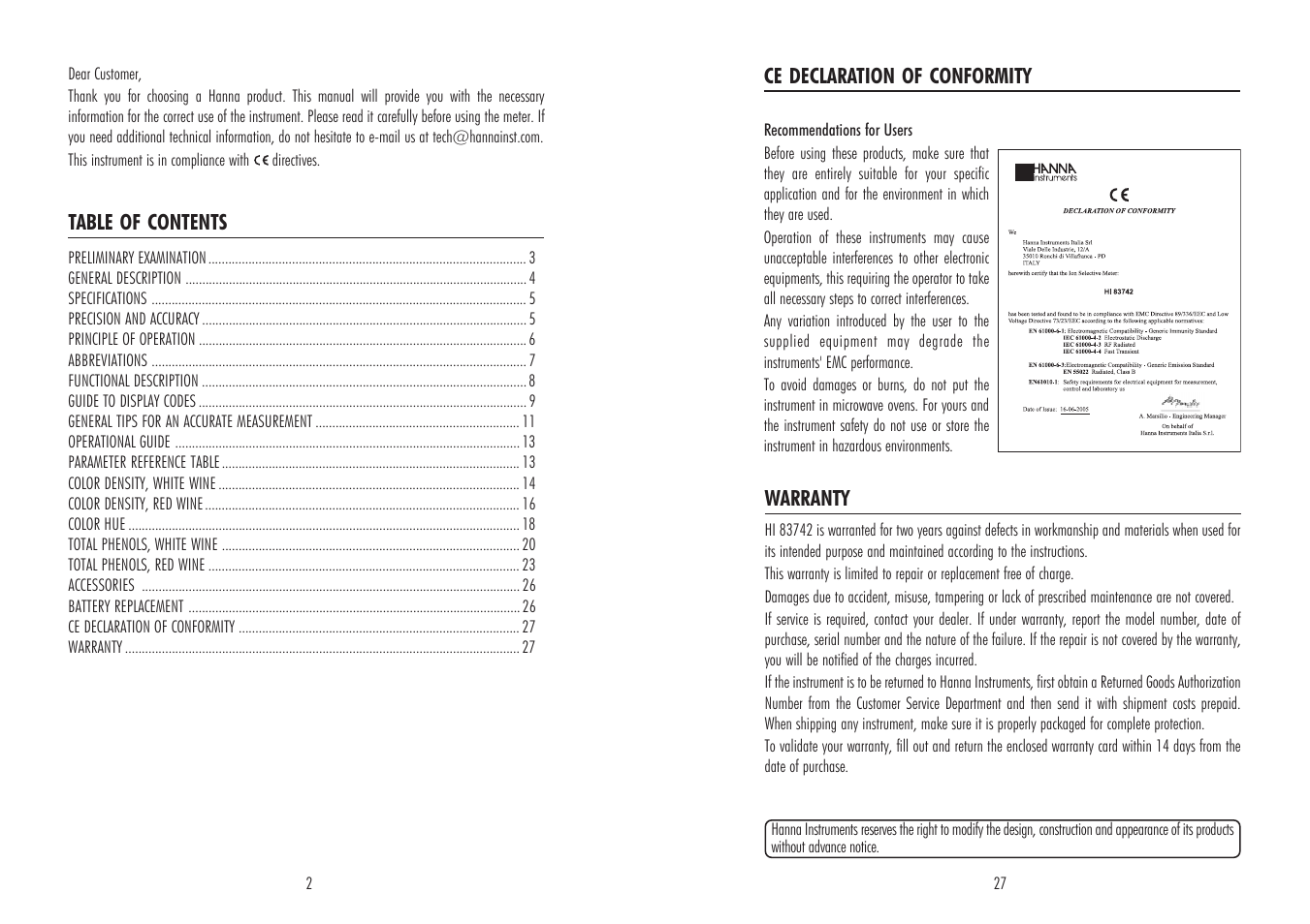 Hanna Instruments HI 83742 User Manual | Page 2 / 14