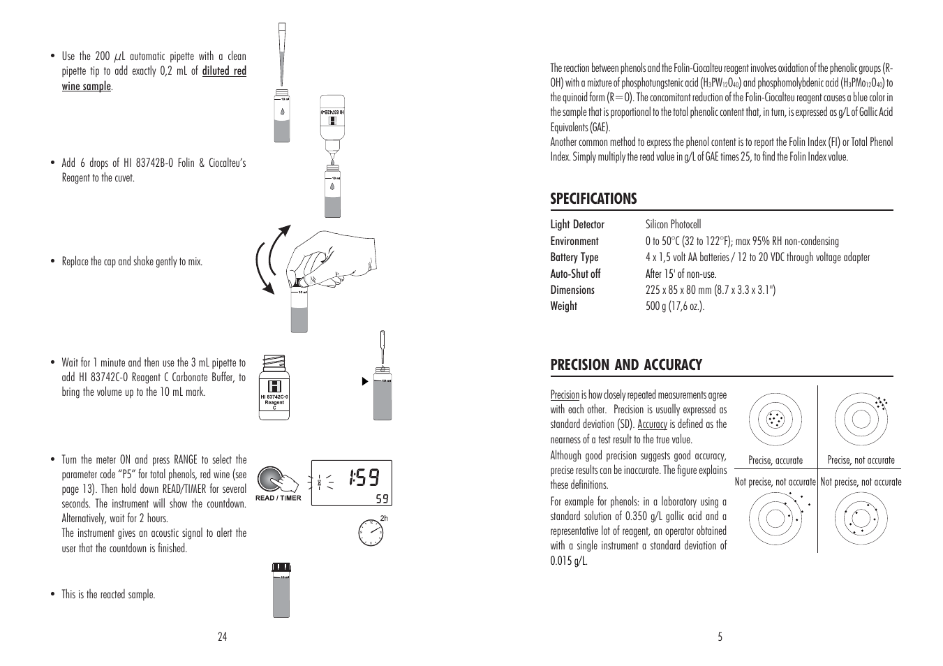Specifications, Precision and accuracy | Hanna Instruments HI 83742 User Manual | Page 5 / 14