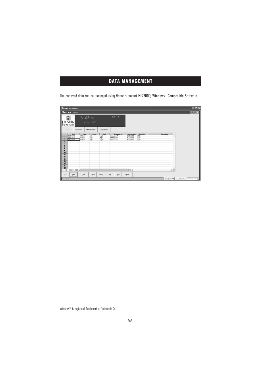 Data management | Hanna Instruments HI 83225 User Manual | Page 56 / 60