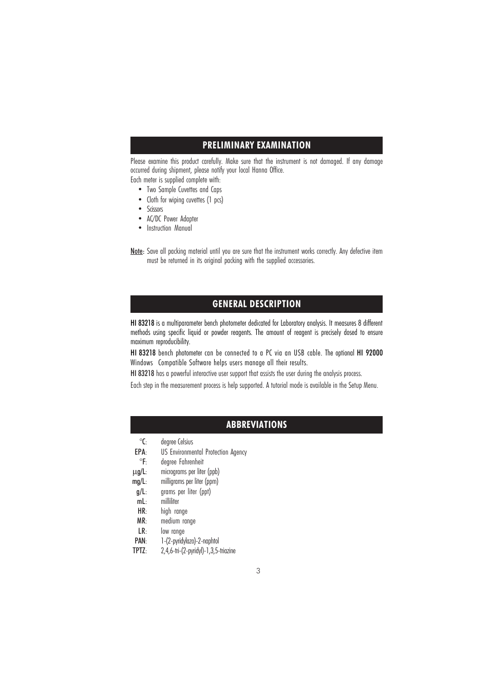 Hanna Instruments HI 83218 User Manual | Page 3 / 36