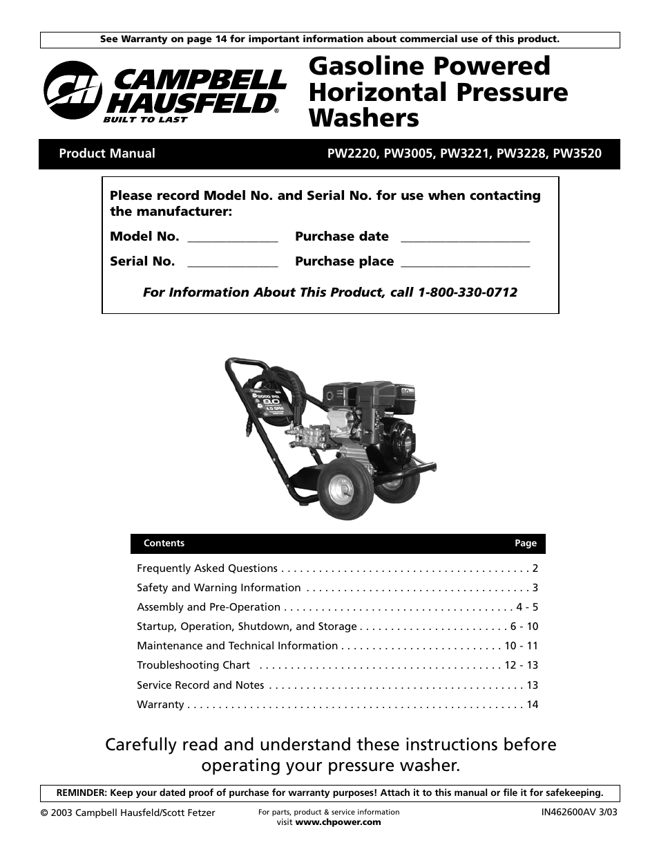 Campbell Hausfeld PW2220 User Manual | 44 pages