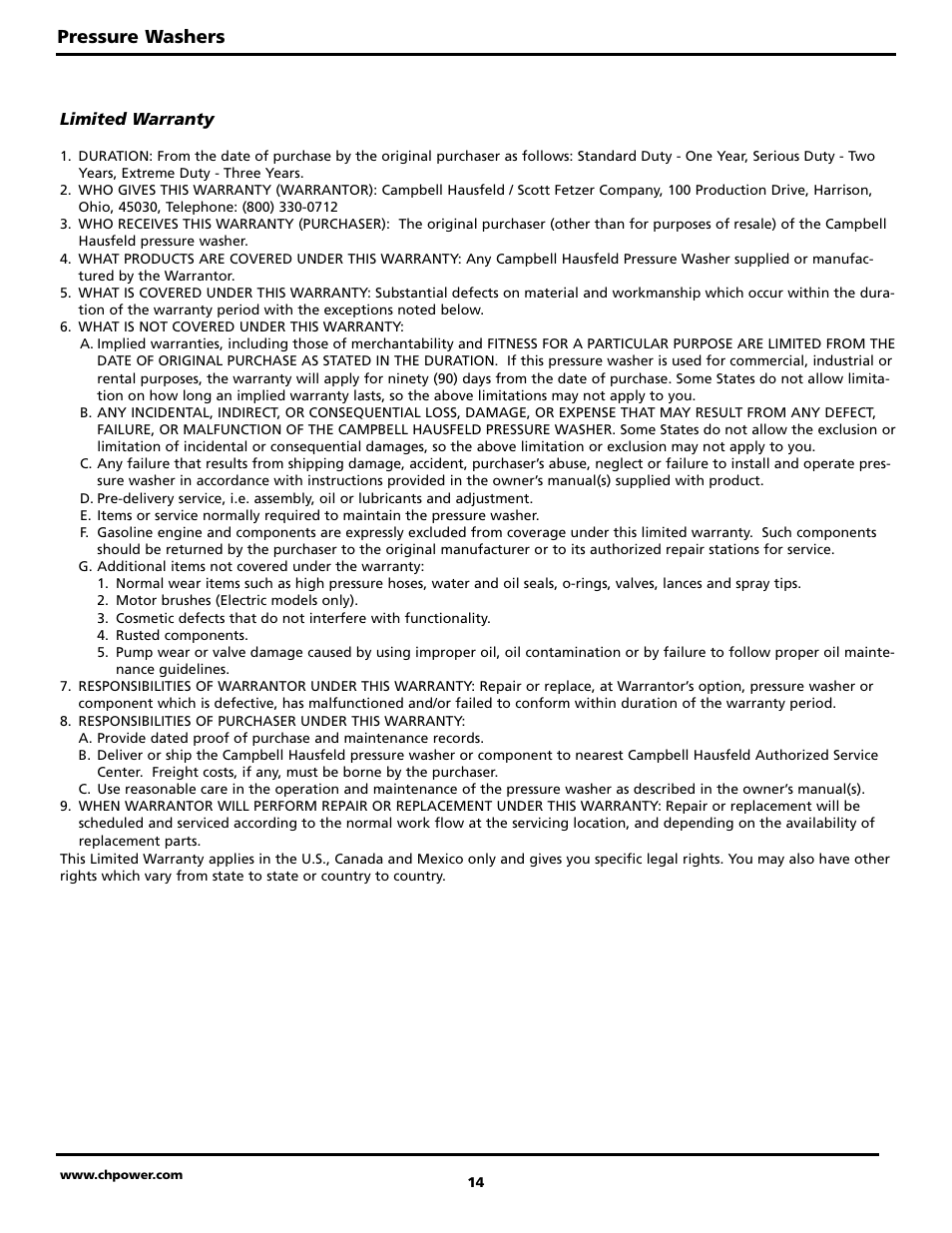 Pressure washers | Campbell Hausfeld PW2220 User Manual | Page 14 / 44