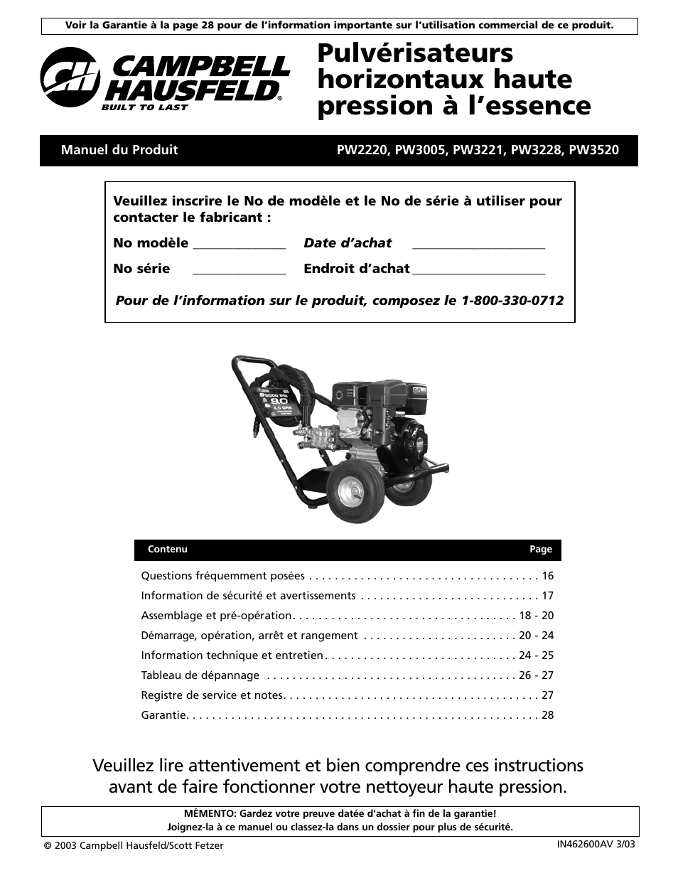 Campbell Hausfeld PW2220 User Manual | Page 15 / 44