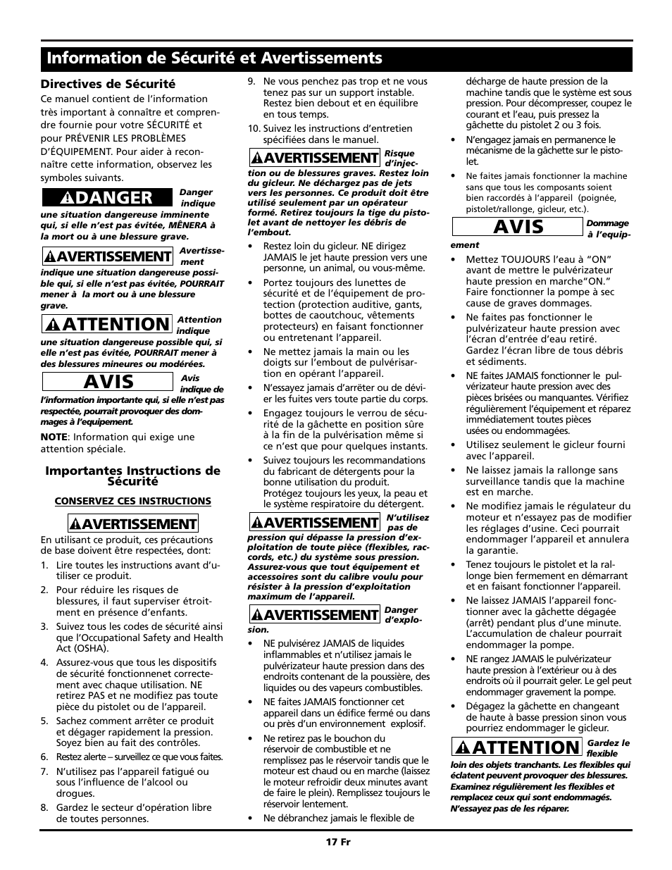 Avis, Attention, Danger | Information de sécurité et avertissements, Avertissement | Campbell Hausfeld PW2220 User Manual | Page 17 / 44