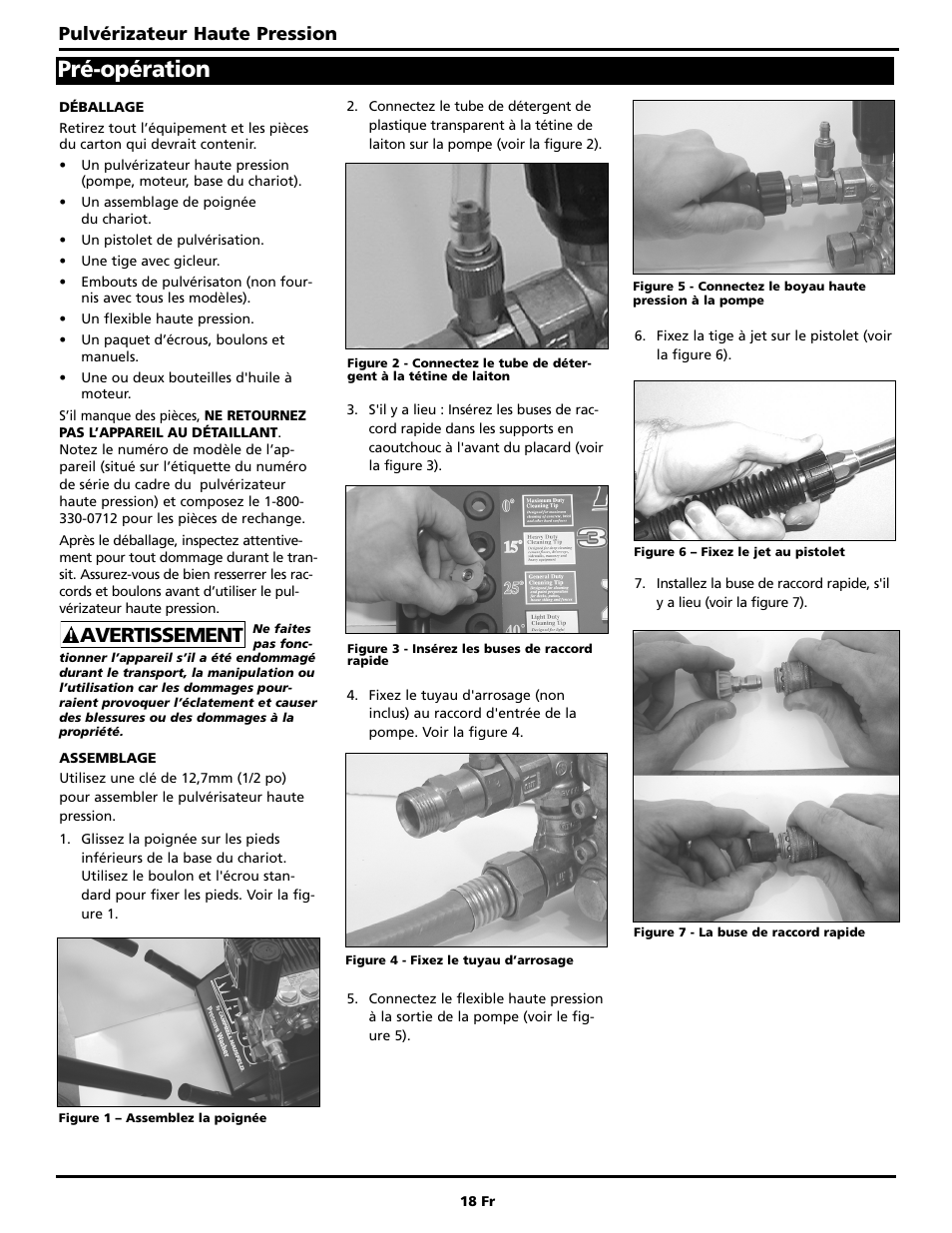 Pré-opération, Avertissement, Pulvérizateur haute pression | Campbell Hausfeld PW2220 User Manual | Page 18 / 44