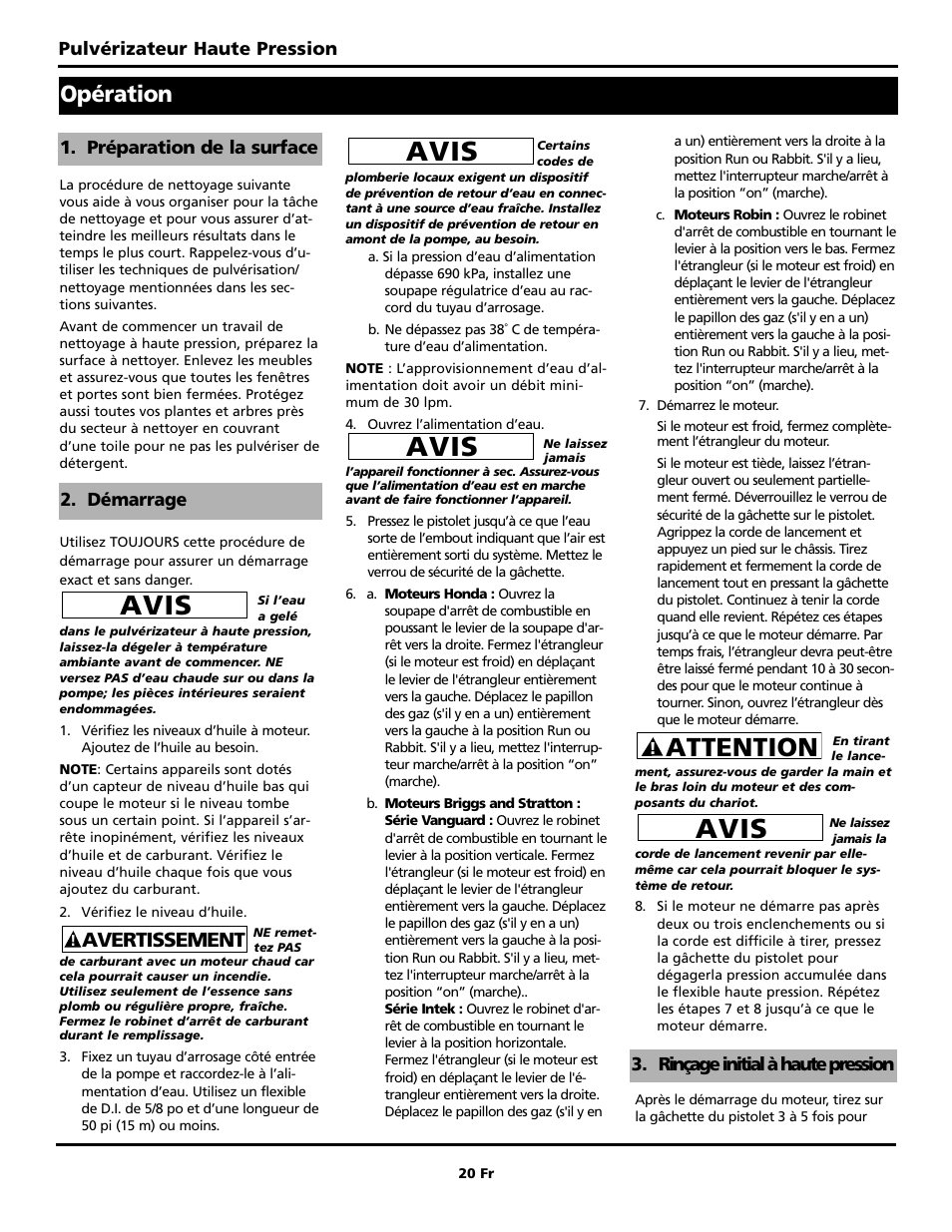 Avis, Attention, Opération | Avertissement | Campbell Hausfeld PW2220 User Manual | Page 20 / 44