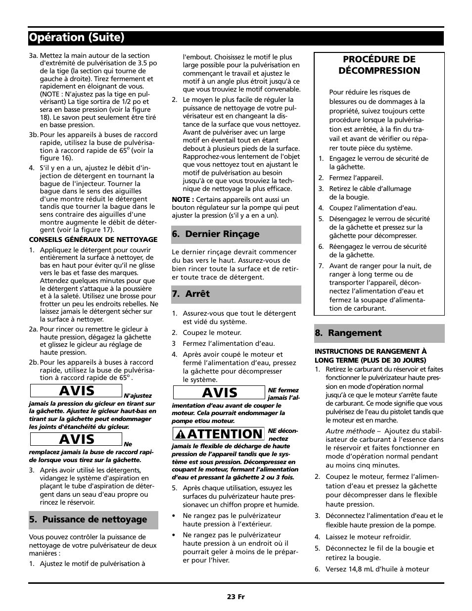 Avis, Attention, Opération (suite) | Campbell Hausfeld PW2220 User Manual | Page 23 / 44