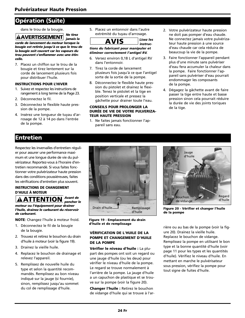 Avis, Attention, Entretien | Opération (suite), Avertissement, Pulvérizateur haute pression | Campbell Hausfeld PW2220 User Manual | Page 24 / 44