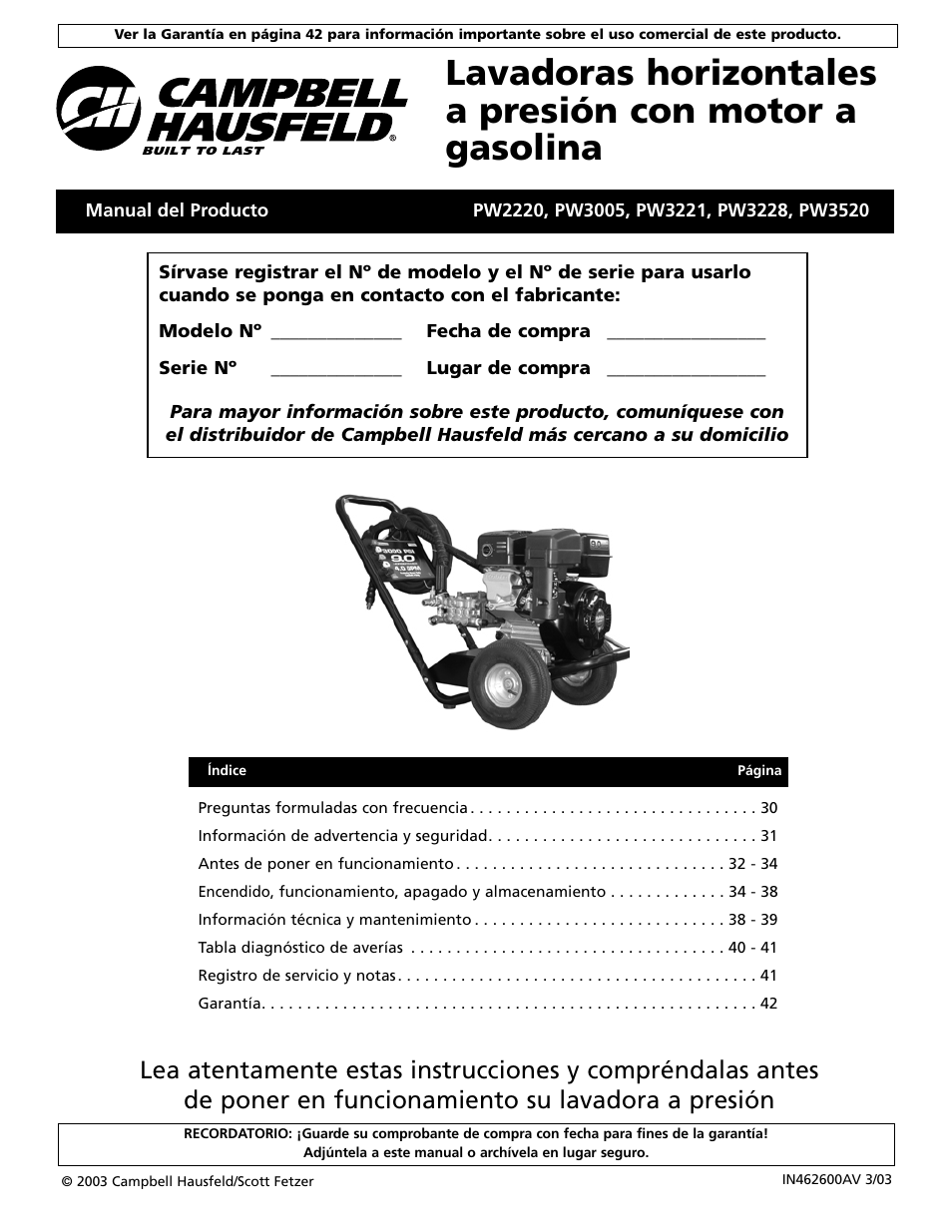 Campbell Hausfeld PW2220 User Manual | Page 29 / 44