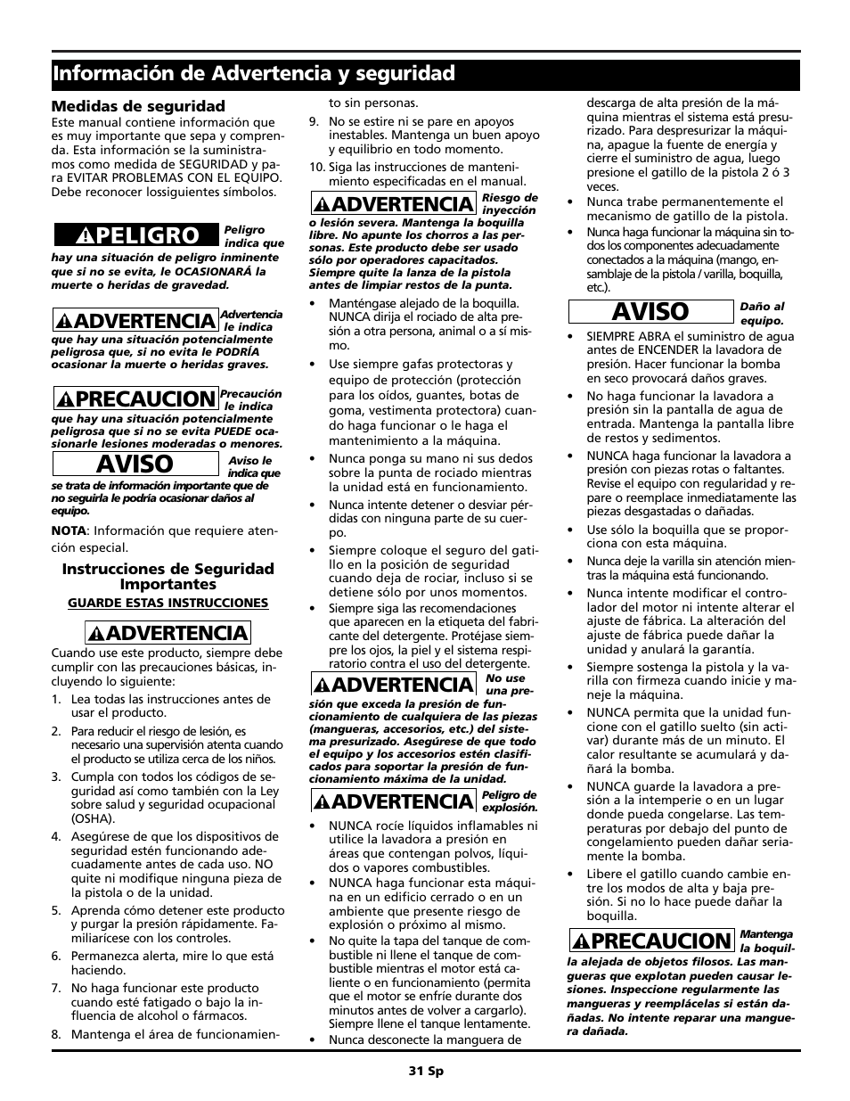 Aviso, Peligro, Precaucion | Advertencia, Información de advertencia y seguridad | Campbell Hausfeld PW2220 User Manual | Page 31 / 44