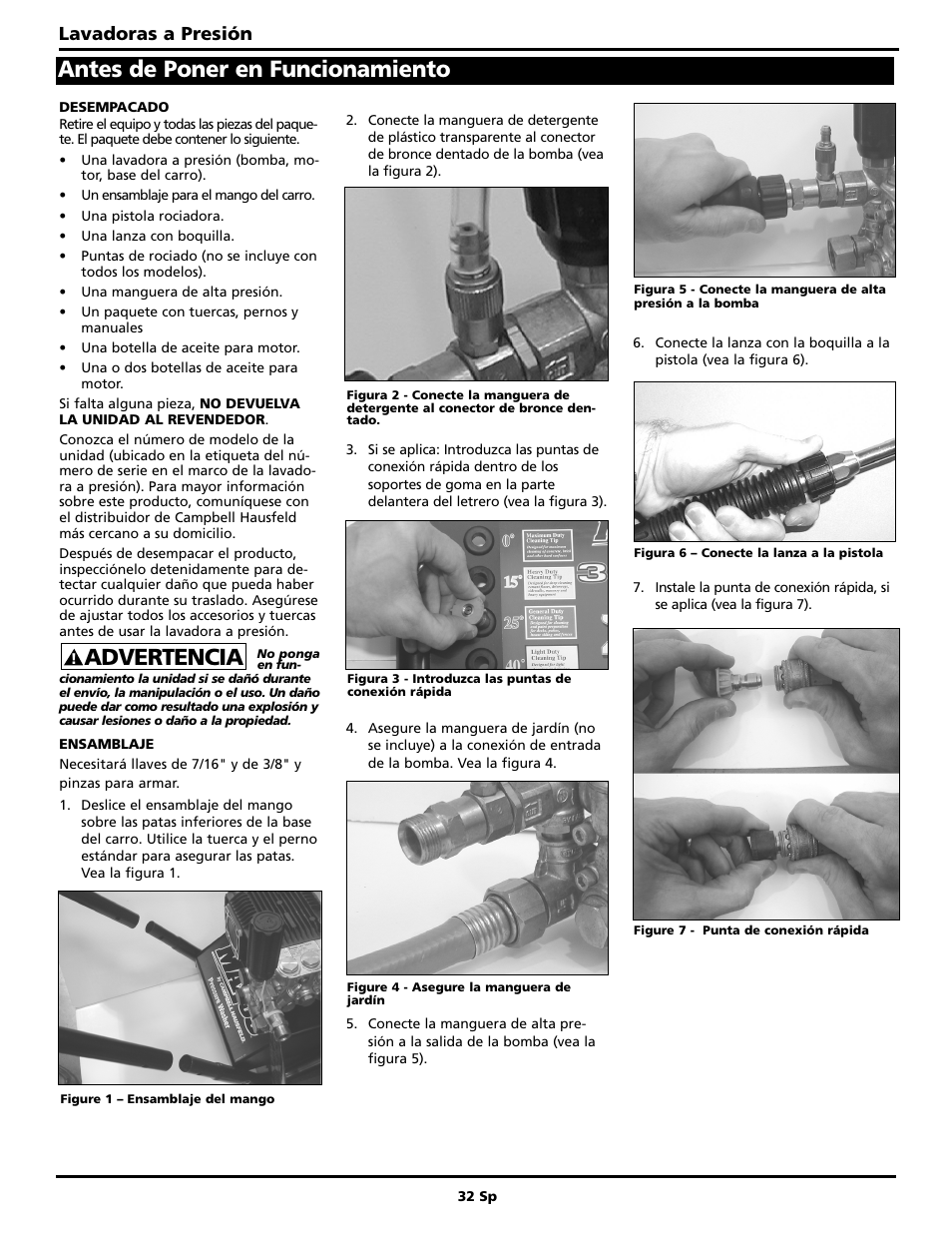 Advertencia antes de poner en funcionamiento, Lavadoras a presión | Campbell Hausfeld PW2220 User Manual | Page 32 / 44