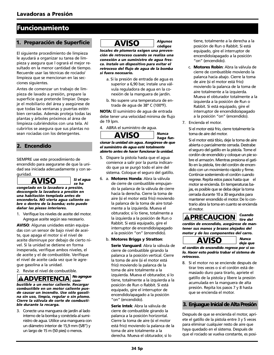 Aviso, Precaucion, Funcionamiento | Advertencia | Campbell Hausfeld PW2220 User Manual | Page 34 / 44