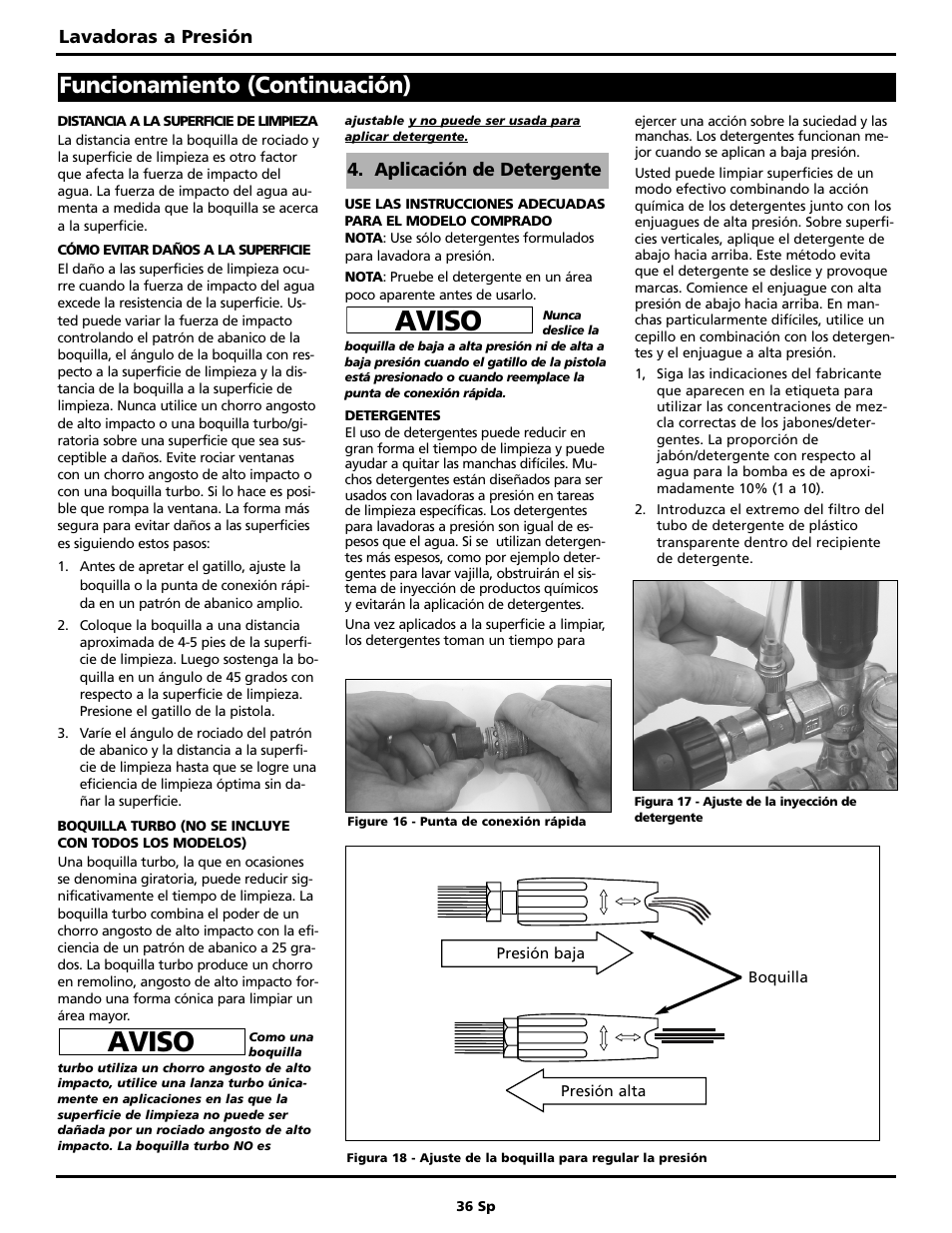 Aviso, Funcionamiento (continuación) | Campbell Hausfeld PW2220 User Manual | Page 36 / 44