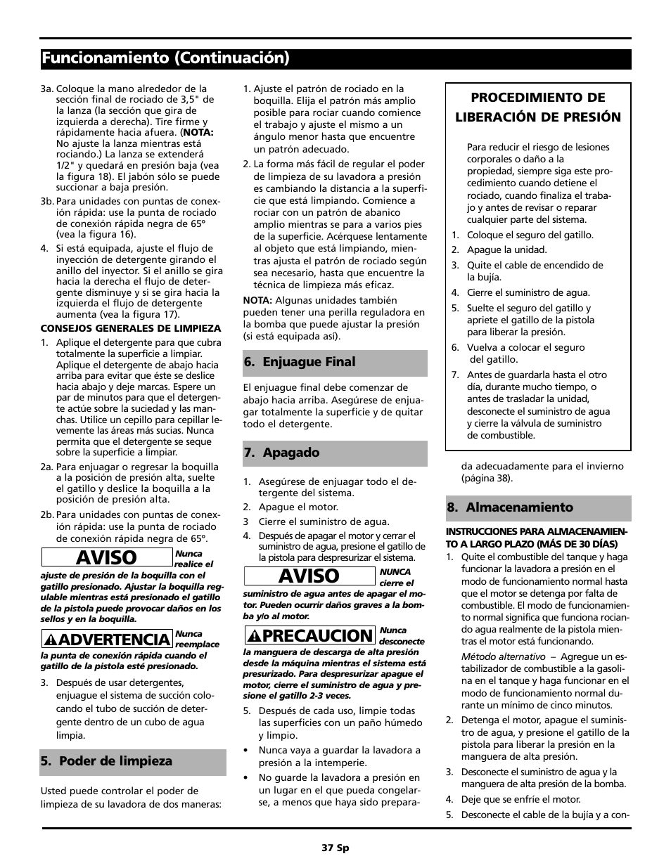 Aviso, Precaucion, Advertencia | Funcionamiento (continuación) | Campbell Hausfeld PW2220 User Manual | Page 37 / 44