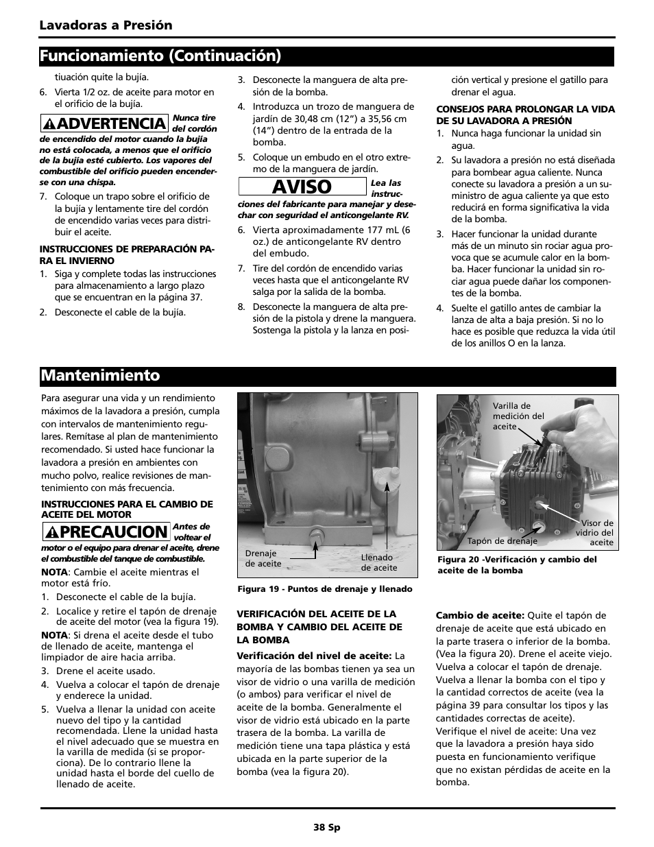 Aviso, Precaucion, Advertencia funcionamiento (continuación) | Mantenimiento, Lavadoras a presión | Campbell Hausfeld PW2220 User Manual | Page 38 / 44