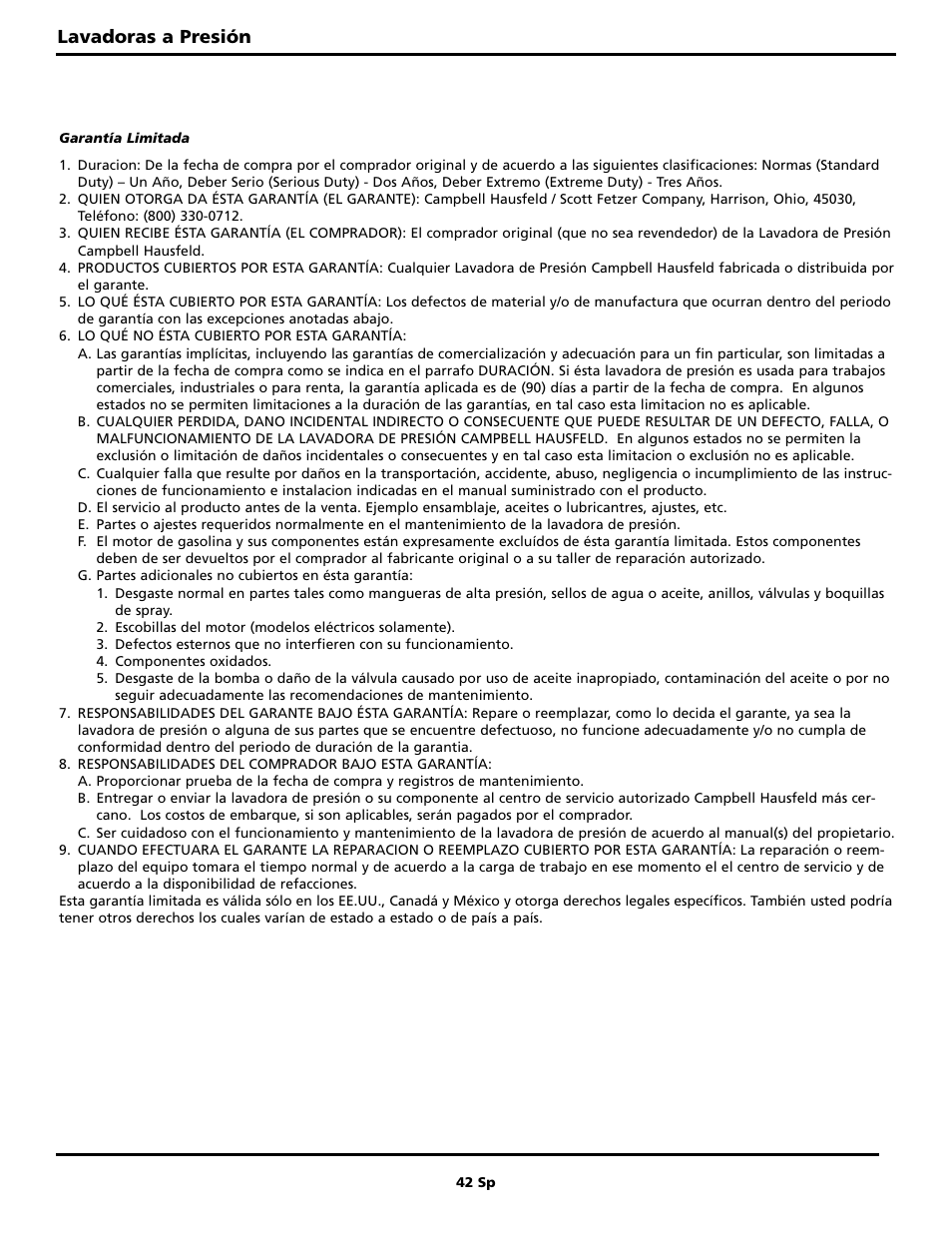 Lavadoras a presión | Campbell Hausfeld PW2220 User Manual | Page 42 / 44