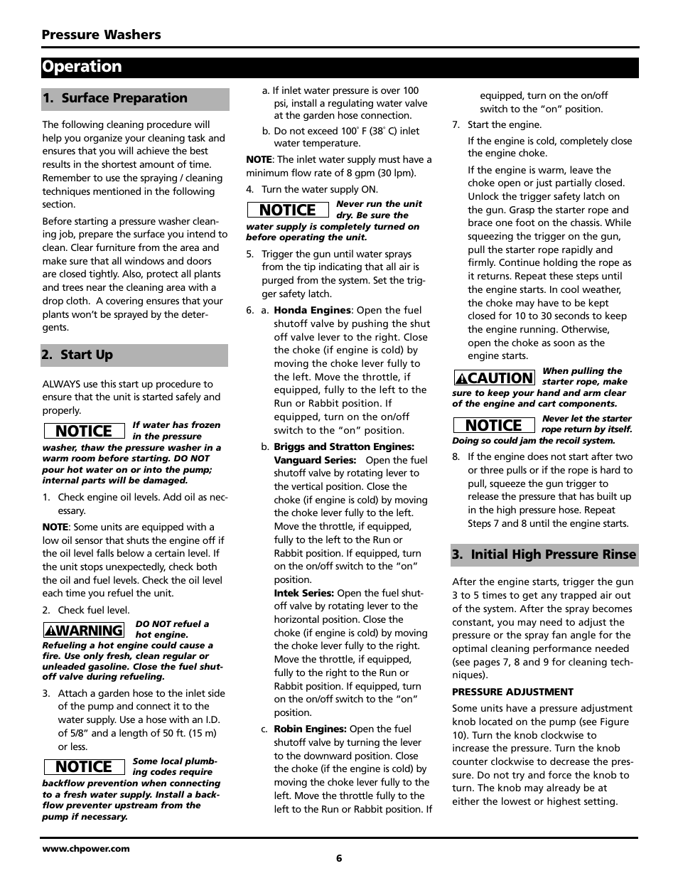 Operation, Notice, Caution | Warning | Campbell Hausfeld PW2220 User Manual | Page 6 / 44