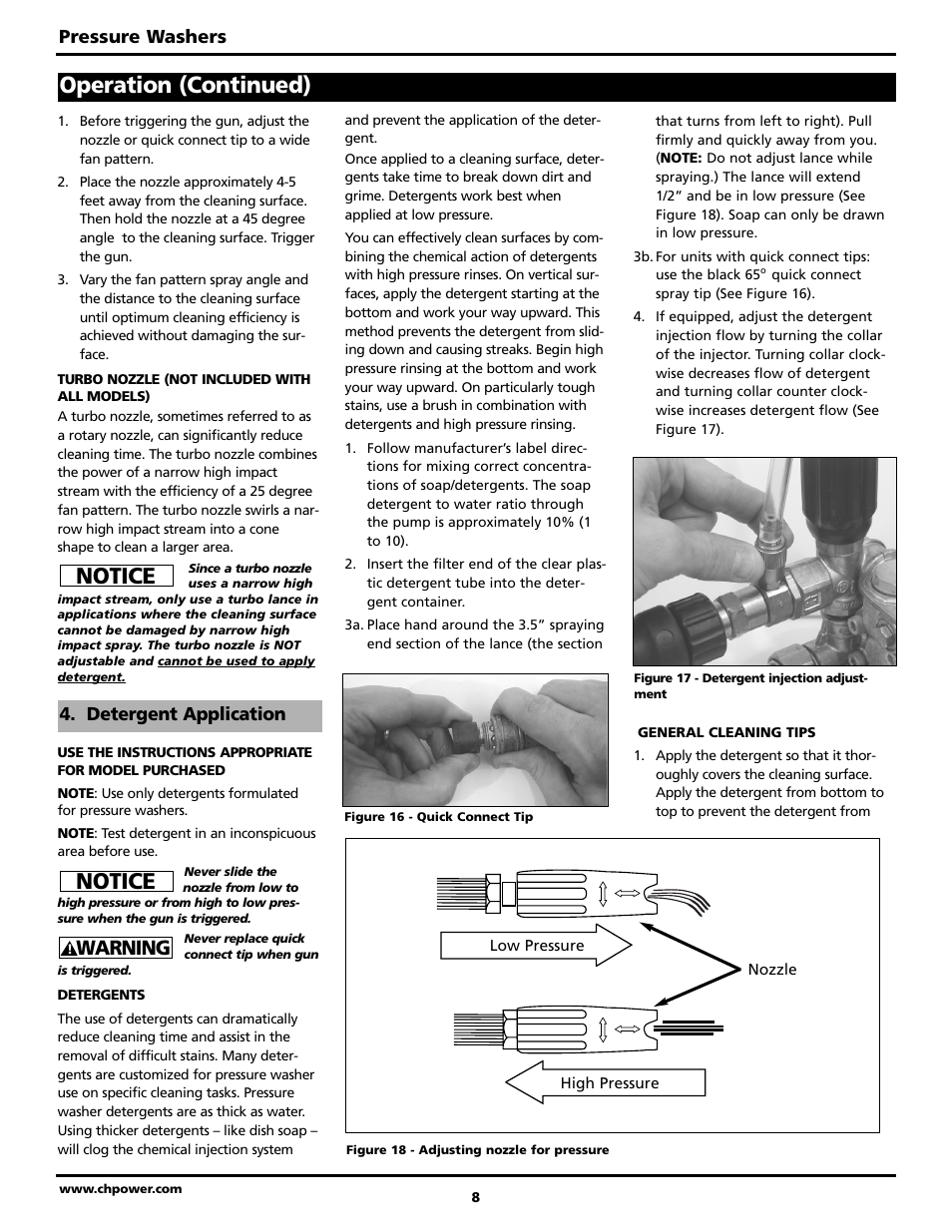 Operation (continued), Notice, Warning | Pressure washers, Detergent application | Campbell Hausfeld PW2220 User Manual | Page 8 / 44