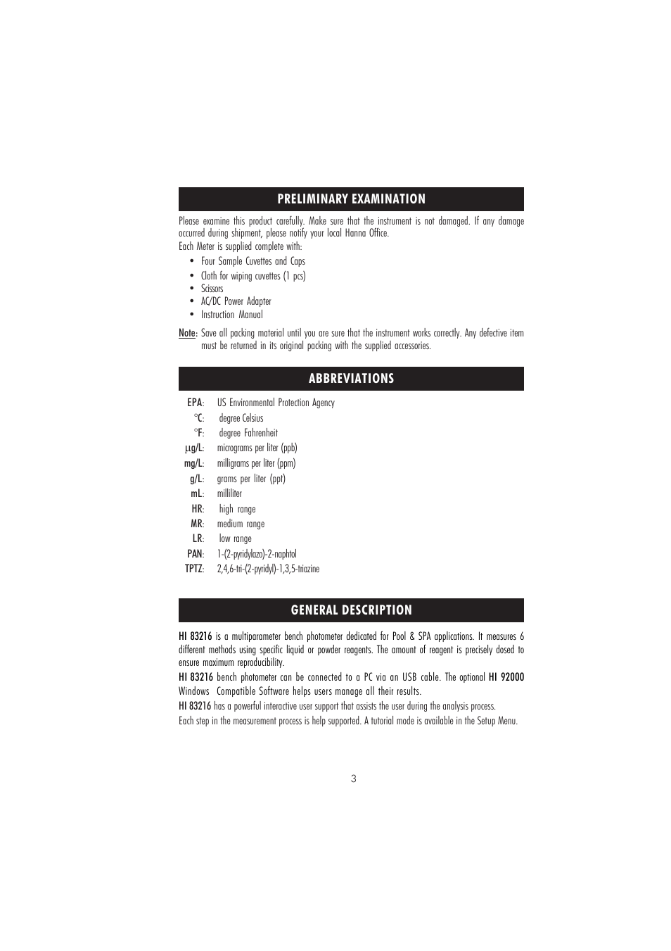 Hanna Instruments HI 83216-01 User Manual | Page 3 / 36