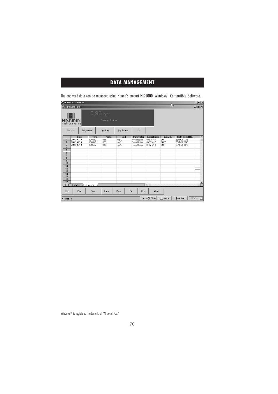Data management | Hanna Instruments HI 83213-2008 User Manual | Page 70 / 76